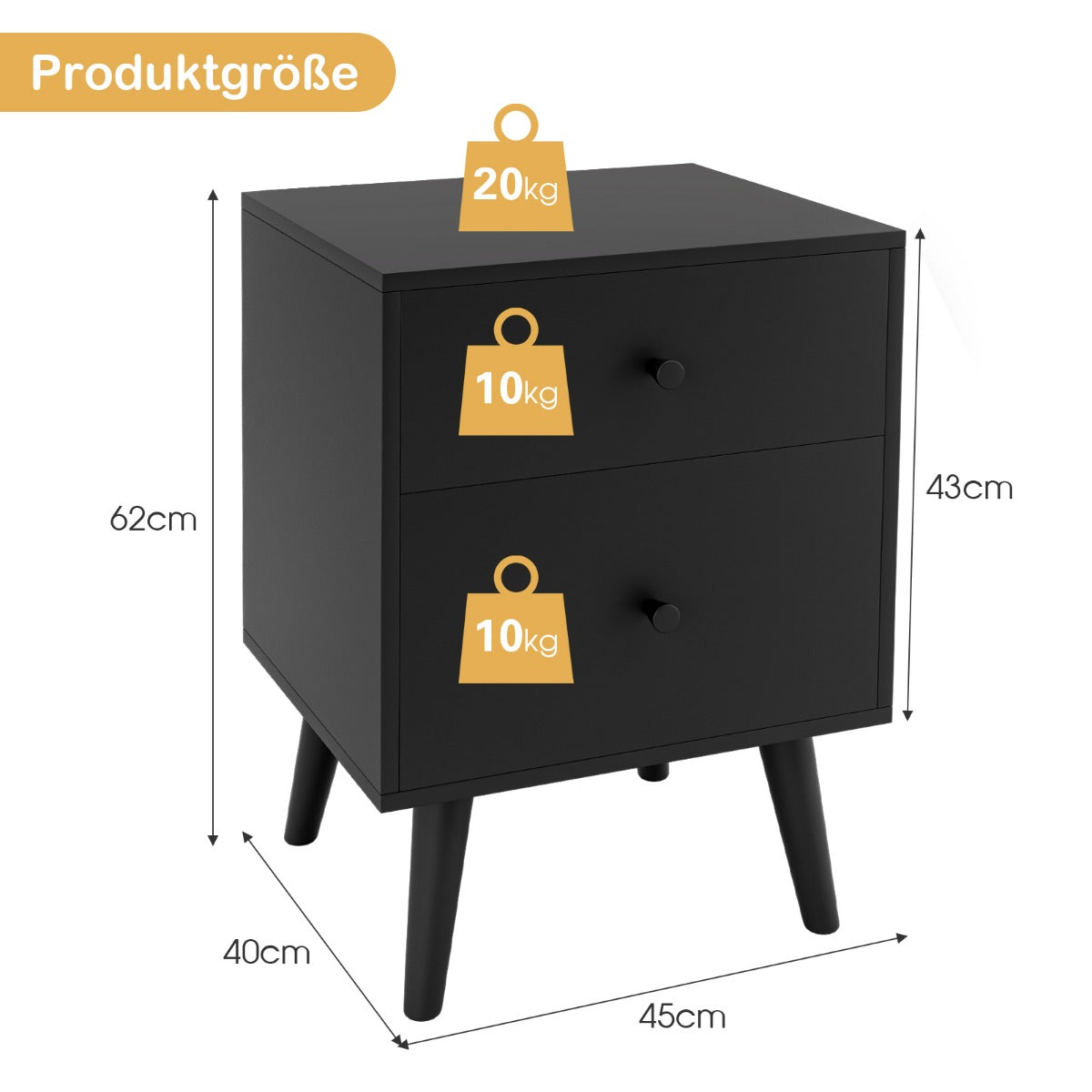 Sängbord – med lådor Sidobord massiva träben – 2 45 x 39,5 x 62 cm – Natur
