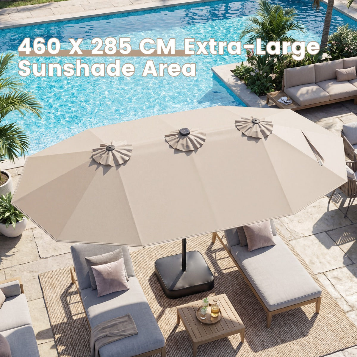 Dubbelsolparasoll – med LED belysning, UV 50+ bas utomhusparasol – Beige