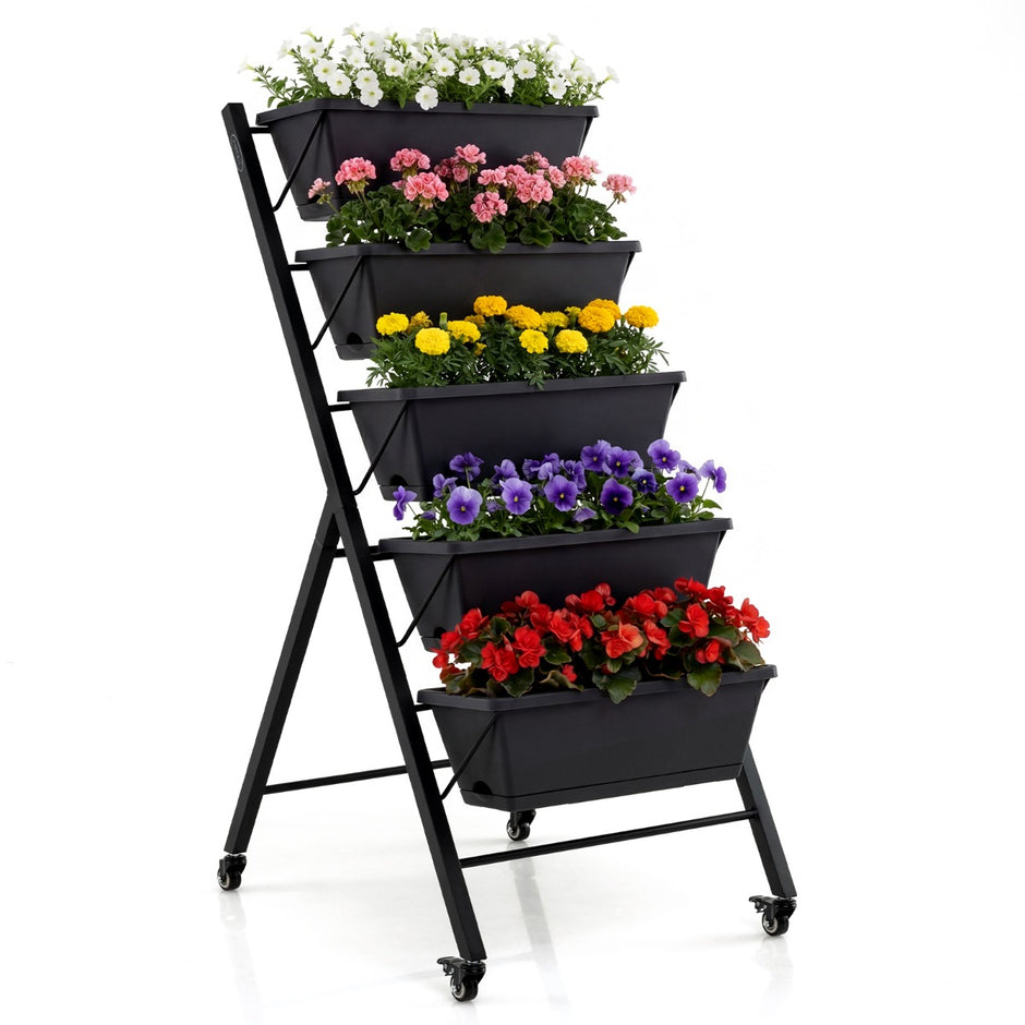 Vertikalt – odlingsbädd med hjul, våningar blommotrappa i metall – 5 57 x 68 x 117 cm – Svart