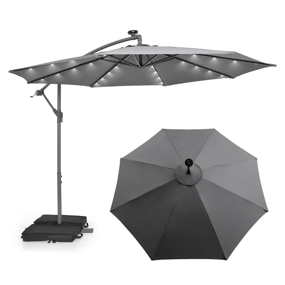 Fribärande – parasoll med solar LED lampor och sandsäckar vev UV skydd – 40 Ø 300 cm – Grå