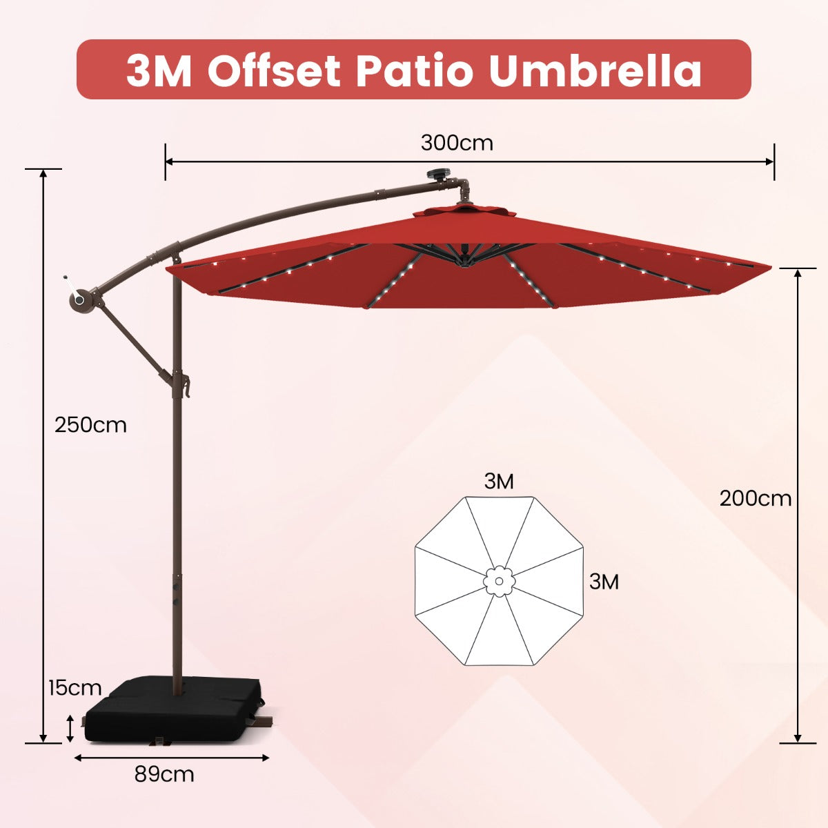 Fribärande – parasoll med solar LED lampor och sandsäckar vev UV skydd – 40 Ø 300 cm – Röd