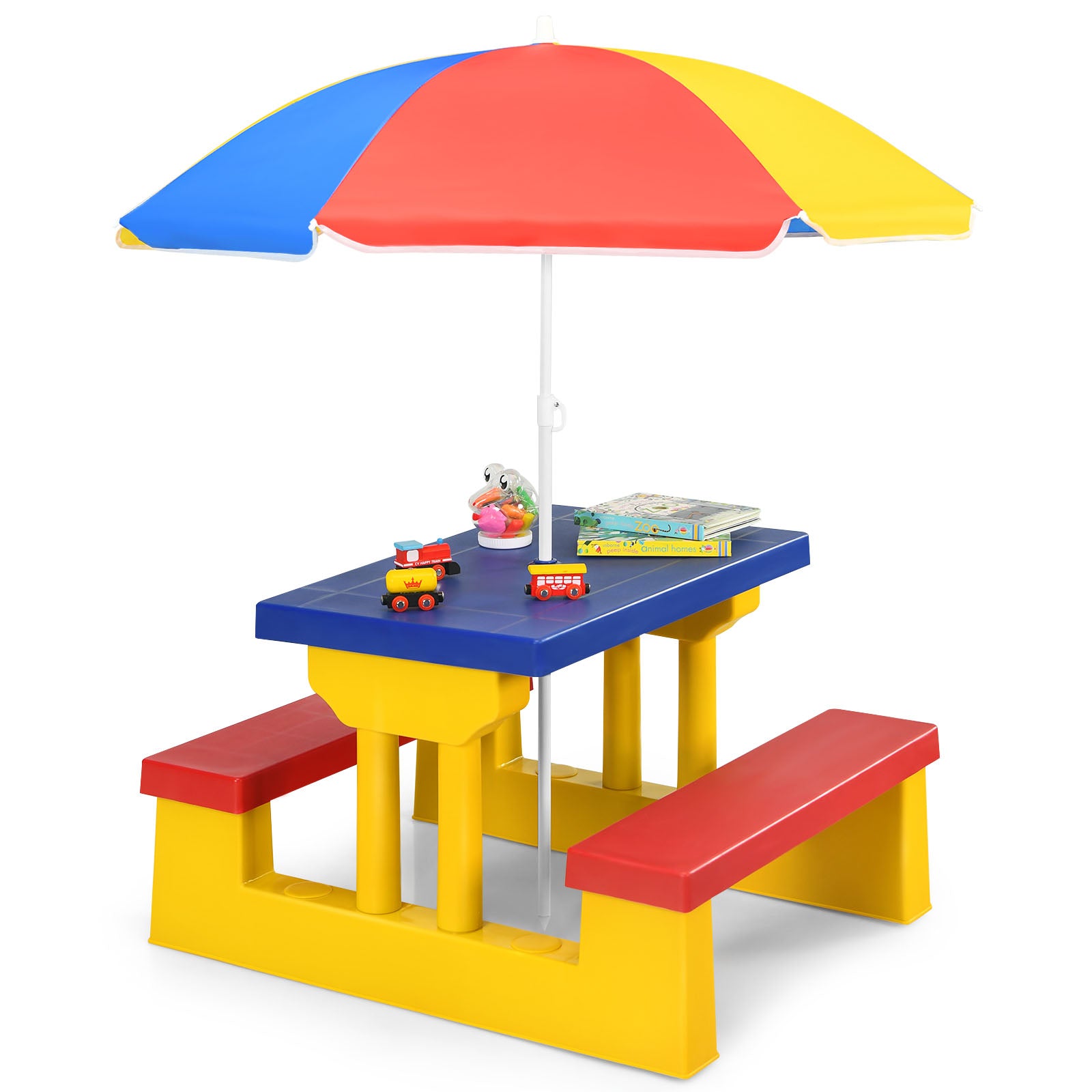 Barnsittgrupp – Barnbord Picknickbänk med parasoll – Färgglad