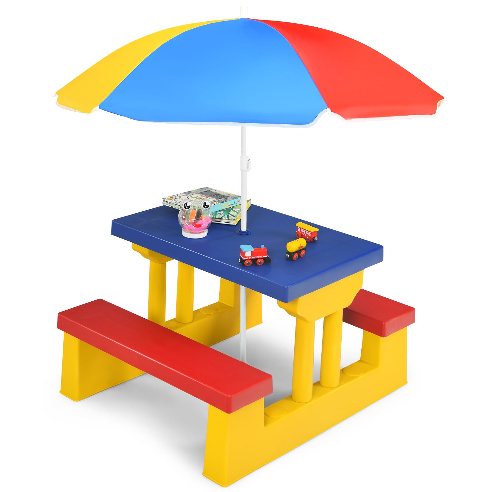 Barnsittgrupp – Barnbord Picknickbänk med parasoll – Färgglad
