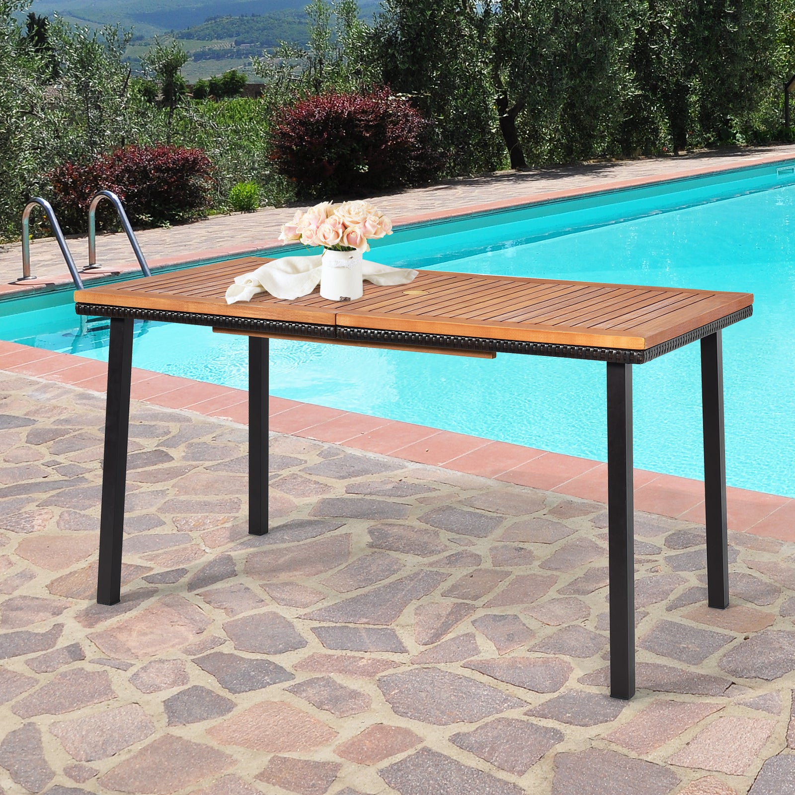 Trädgårdsbord – Matbord med paraplyhål Träbord Uteplatsbord Acaciaträ Naturlig – 140 x 75 x 76 cm – Natur