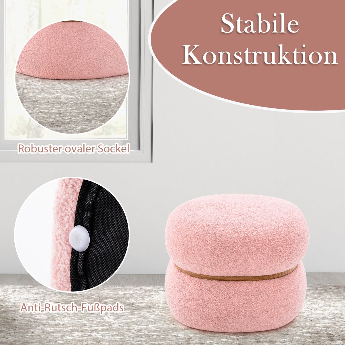 Oval – pall med halkfria fotkuddar Vadderade gjord av sherpa – 44 x 35 x 35 cm – Rosa