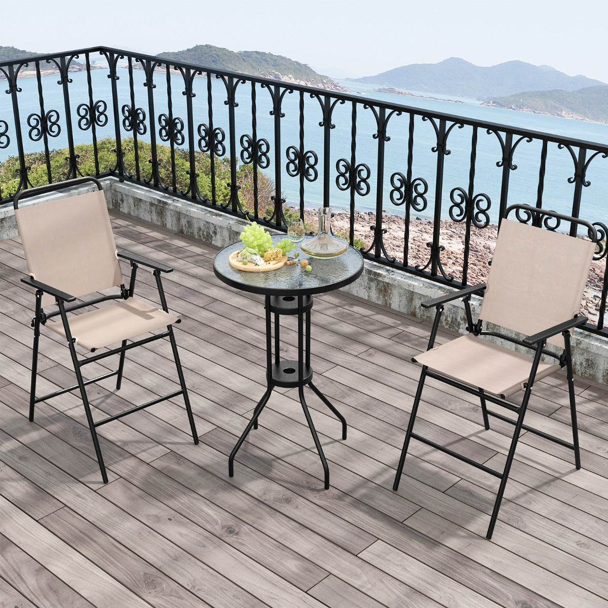 delat – utomhus bistroset uteplats barbord med fällbara stolar och parasollhål – 3 2 – Beige