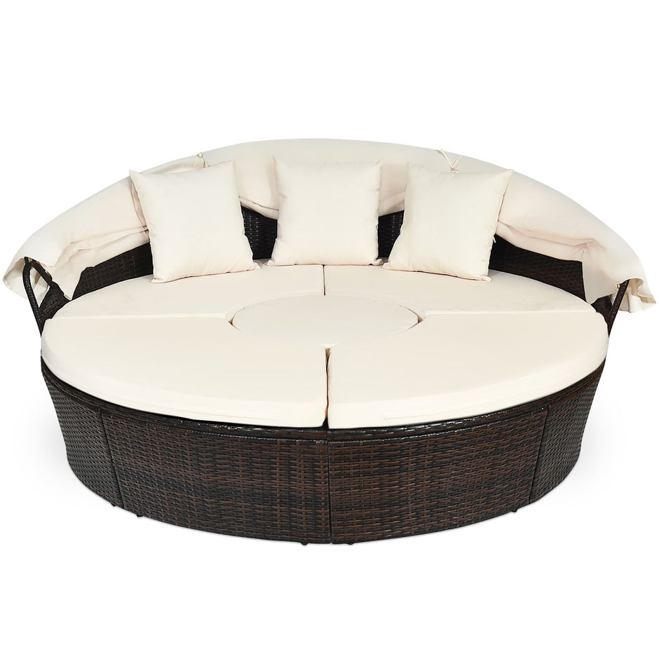 Rund – dagbädd utomhus med utfällbar kapell – 192 x 177 x 146 cm – Beige