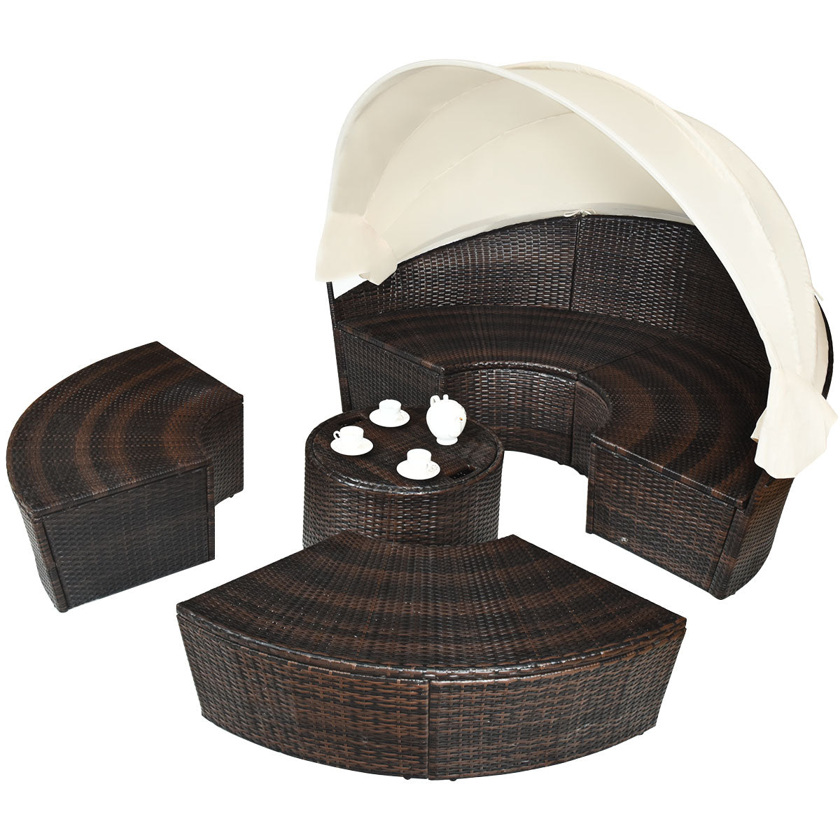 Rund – dagbädd utomhus med utfällbar kapell – 192 x 177 x 146 cm – Beige