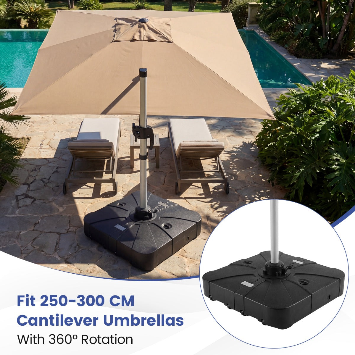 Parasollställ – med hjul HDPE fyrkantig, fyllbar för trädgård, terrass, poolområde – 84 cm 130 kg – Svart