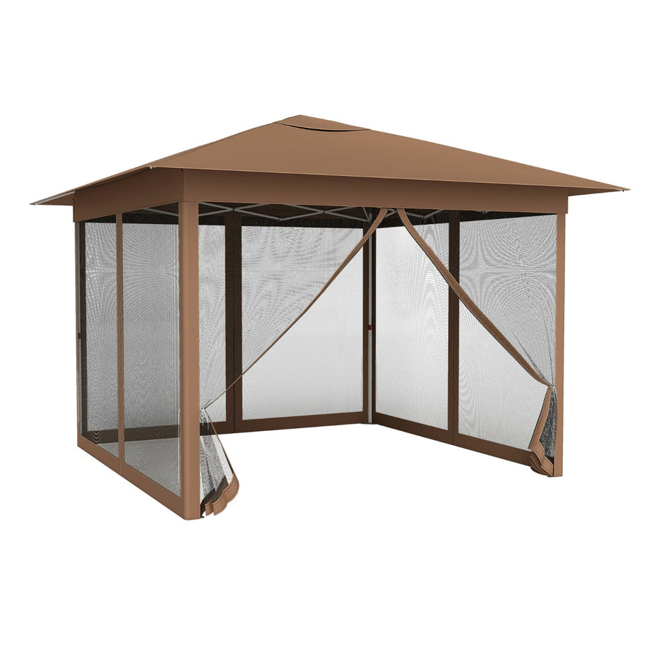 Paviljong – med ettklicksfunktion, höjdjusterbar, myggnät, dubbeltak och väska för trädgård camping – 3,5 x 3,5 m – Brun