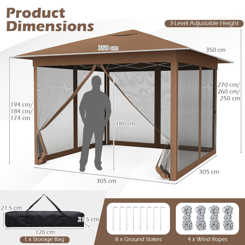 Paviljong – med ettklicksfunktion, höjdjusterbar, myggnät, dubbeltak och väska för trädgård camping – 3,5 x 3,5 m – Brun