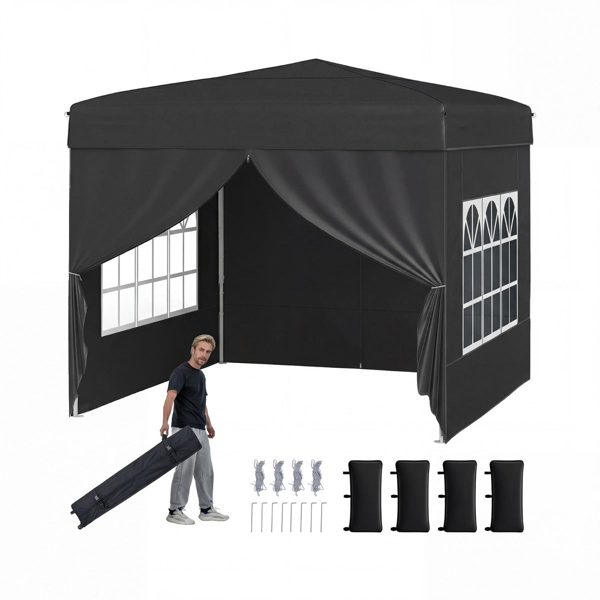 Paviljong – pop up med avtagbara sidoväggar, stegs höjdjusterbart partytält – 3 x 3 m 4 3 – Svart