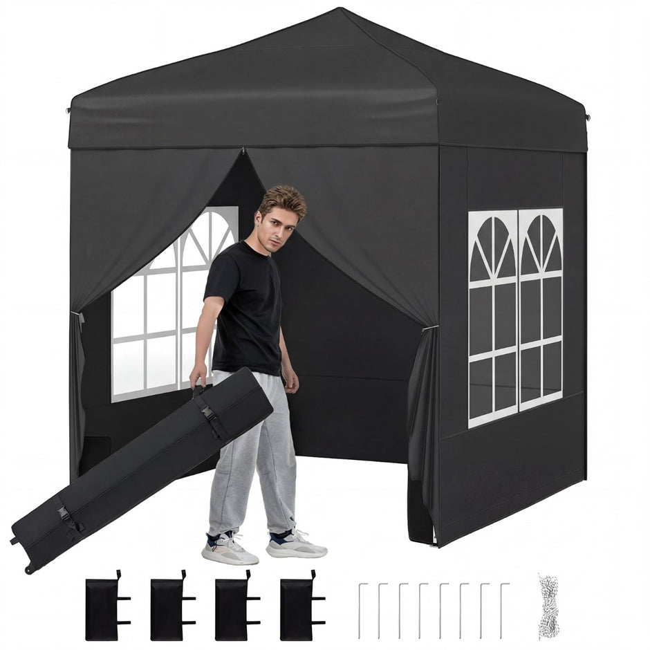 Pop – up paviljong m, vikbar med avtagbara sidoväggar – 2 x 2 – Svart