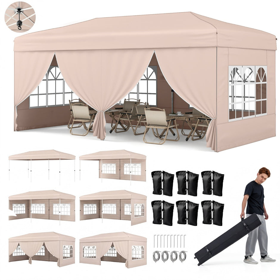 Pop – up paviljong hopfällbar med metallram sex sidoväggar och sandsäckar – 3 x 6 m – Grå