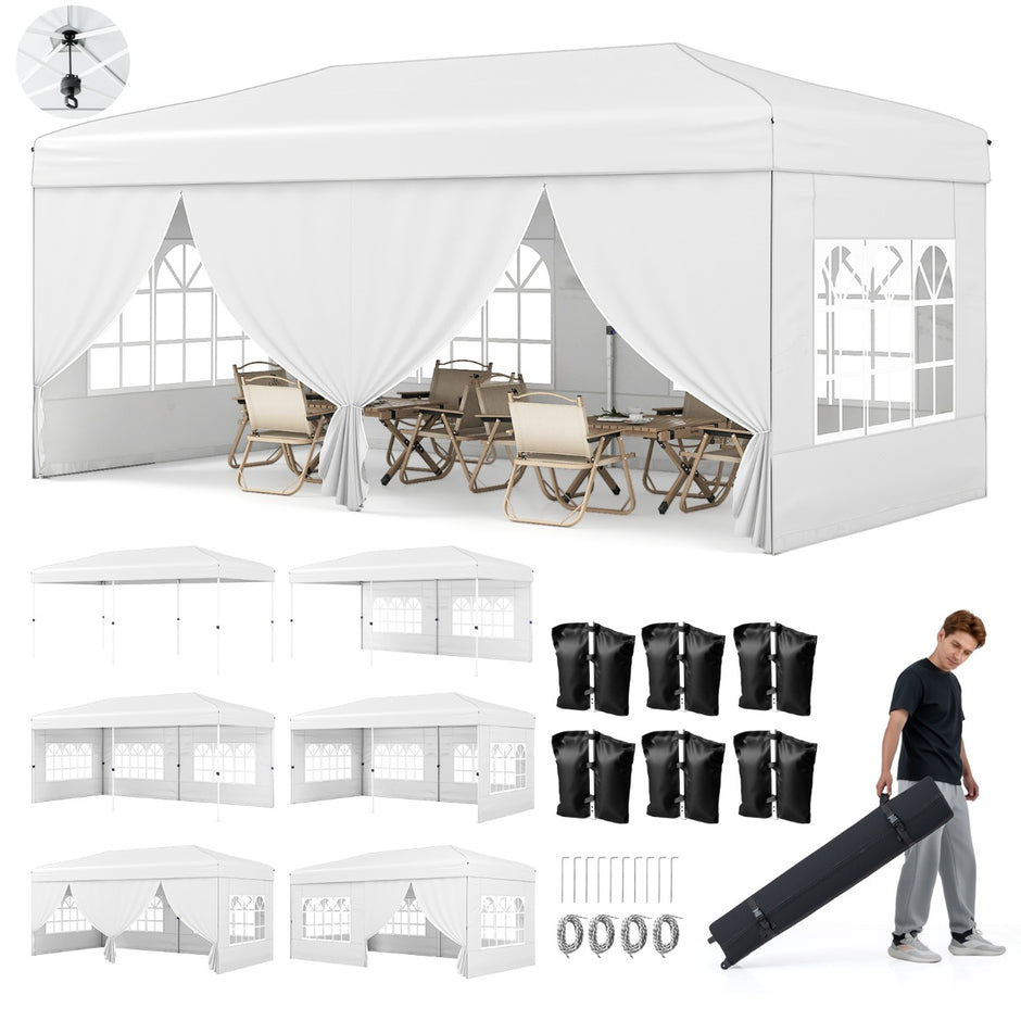 Pop – up paviljong hopfällbar med metallram sex sidoväggar och sandsäckar – 3 x 6 m – Vit