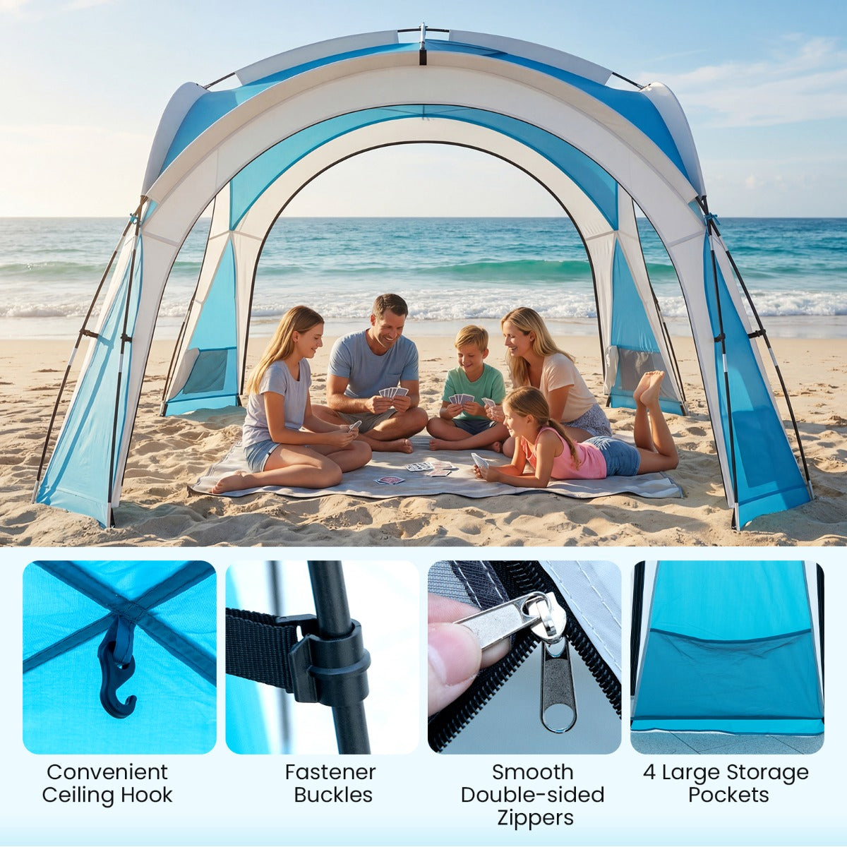 Strandtält – trädgårdstält för personer med nätväggar, takventilation och förvaringsväskor – 6-8 4 344 x 344 cm – Blå