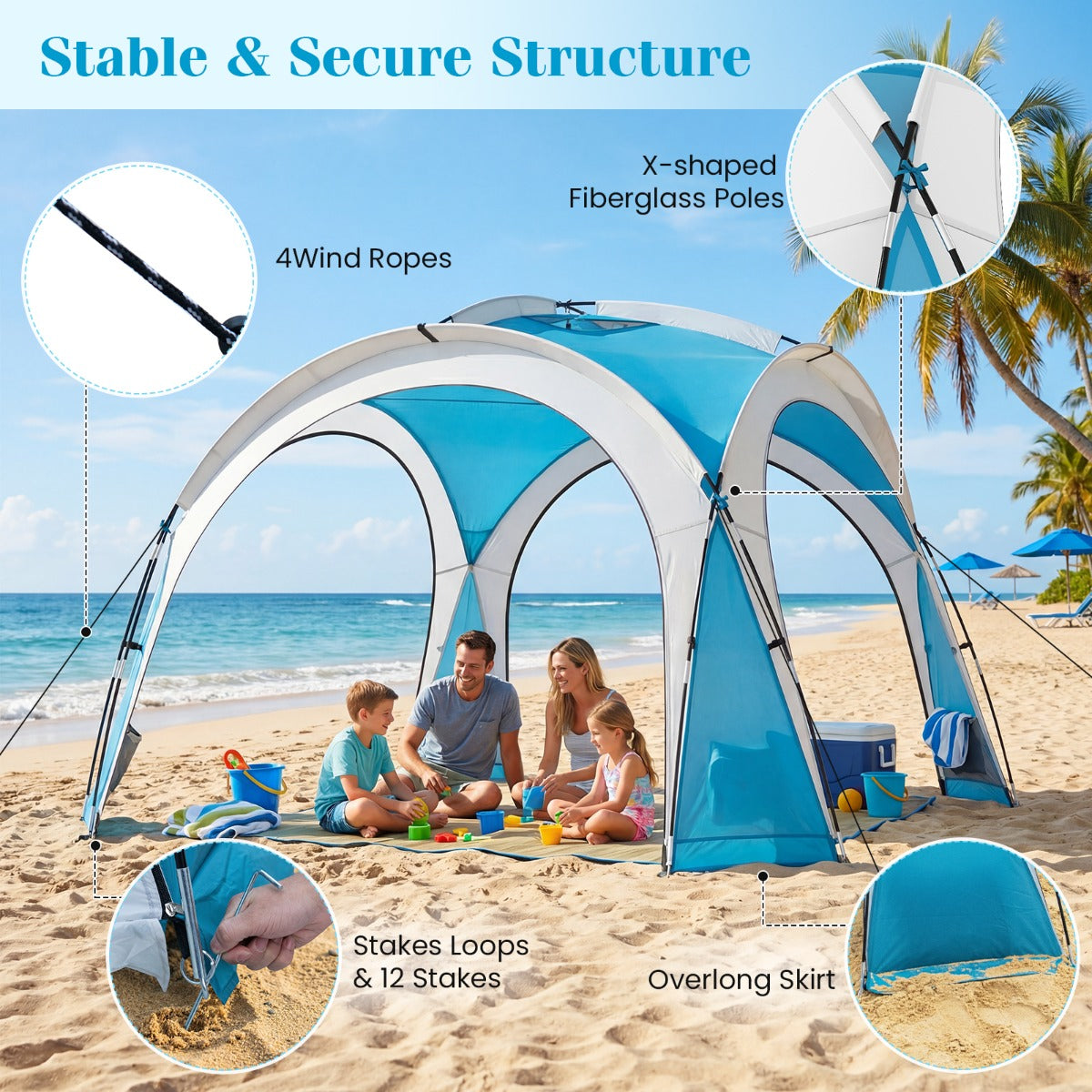 Strandtält – trädgårdstält för personer med nätväggar, takventilation och förvaringsväskor – 6-8 4 344 x 344 cm – Blå