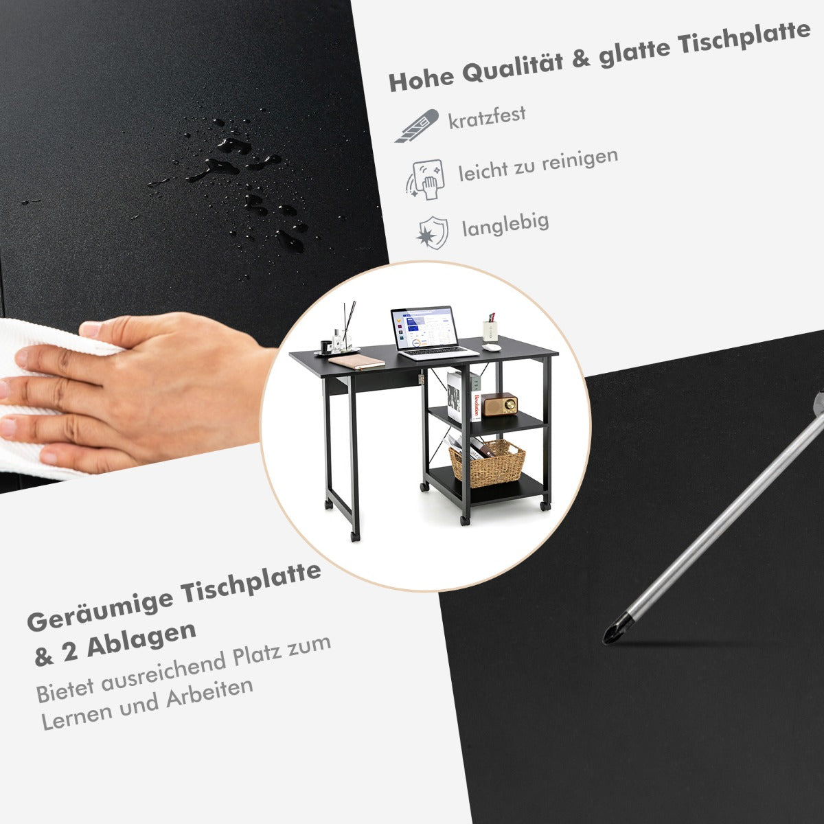 Fällbart – datorbord med vånings förvaringsfack och hjul Modernt skrivbord – 2 6 – Svart