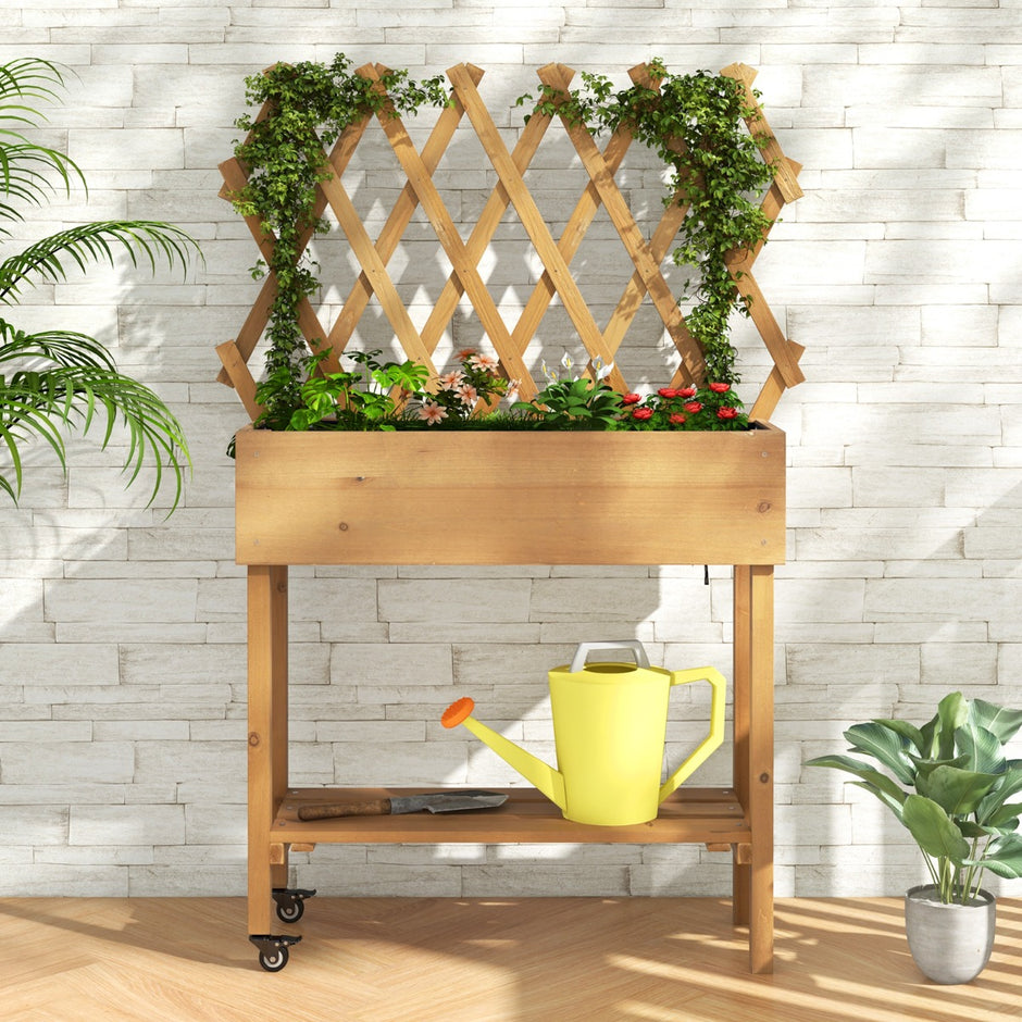 Upphöjd – bädd på hjul med hylla och spaljé tygfoder rabatt – 90 x 29 x 129 cm – Natur