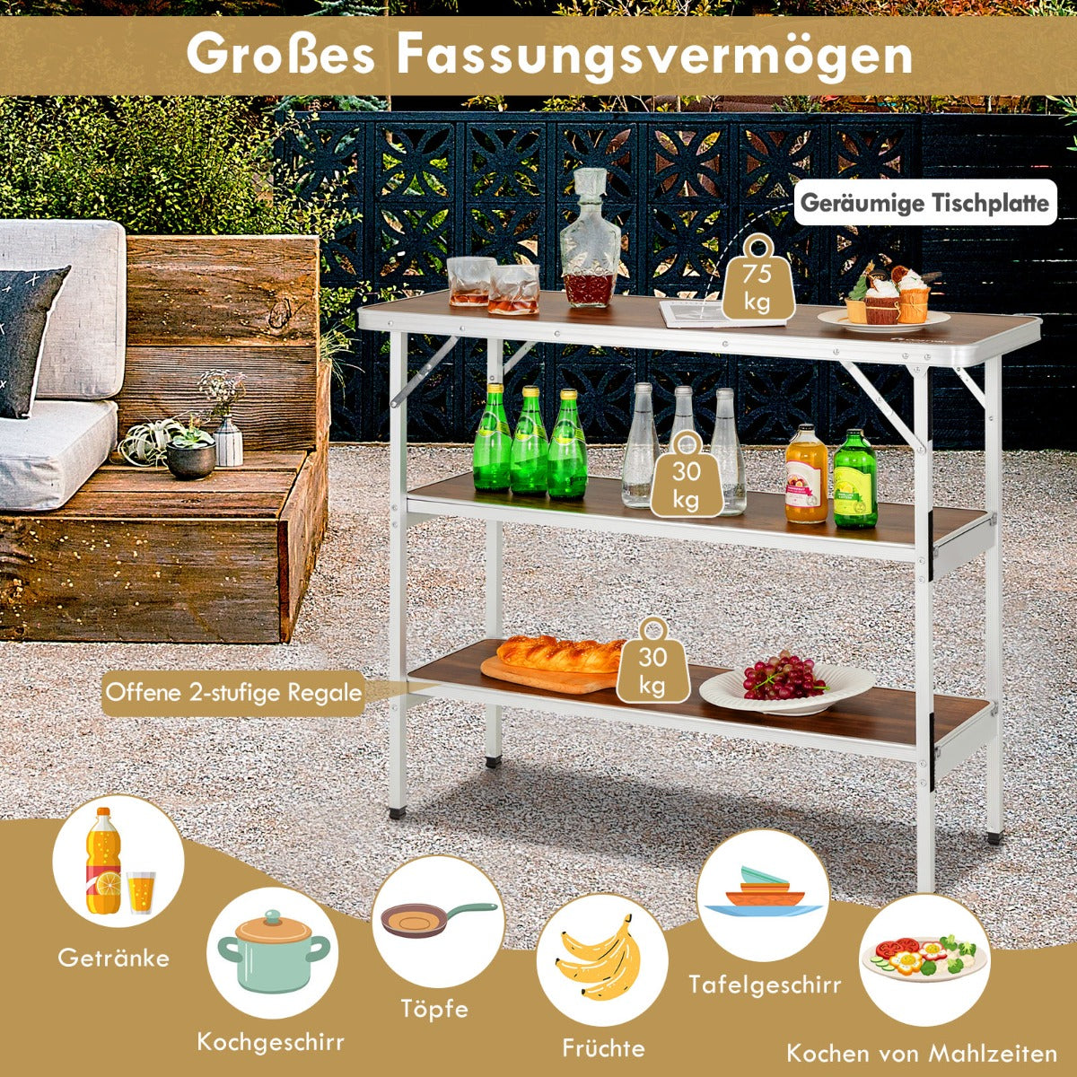 Fällbart – aluminium campingbord med vånings hyllor skåp – 2 – Kaffe