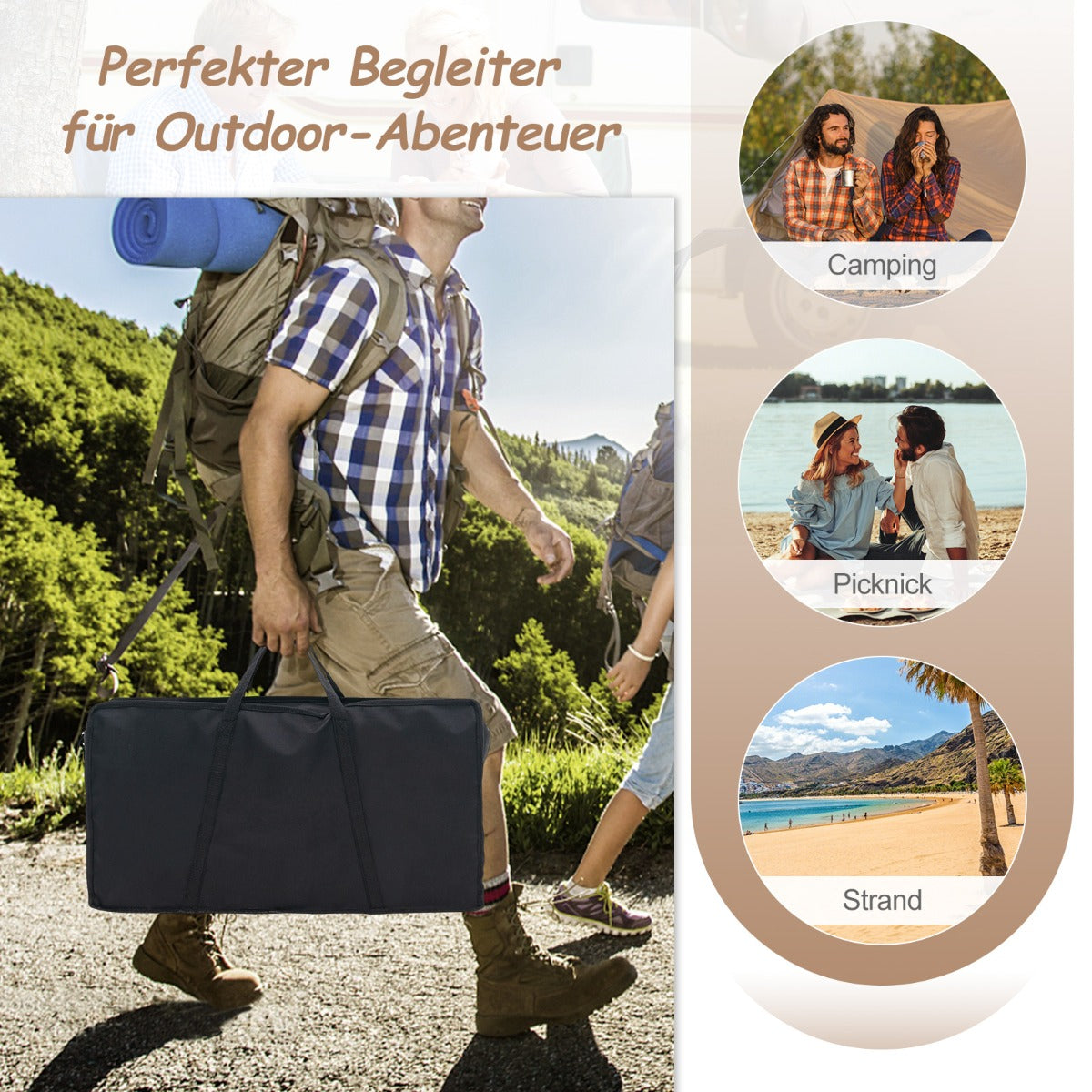 Set – med hopfällbara campingbord bordsskiva i trä och strandbord aluminiumstomme – 2 – Natur