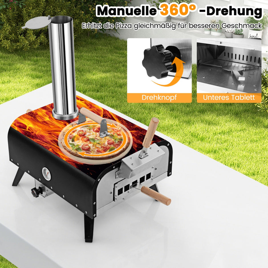 Utomhus – pizzaugn av rostfritt stål med pizzasten och pizzaspade termometer bärväska – Svart