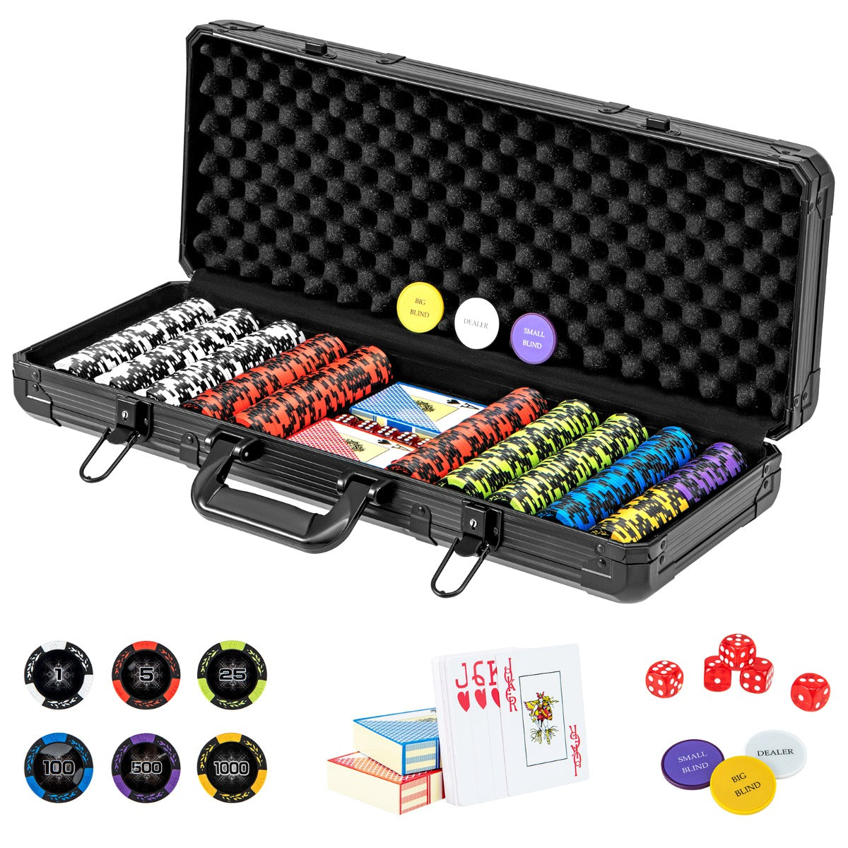 Pokerset – med lasermarker och spelkort tärningar dealermarker nycklar pokerfodral – 500 2 5 3 2 – Svart