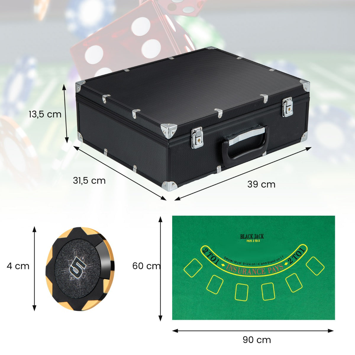 Pokerset – chips pokerfodral med kortlekar tärningar dealerknapp matta kortblandare och kortdealer – 300 2 5 – Svart