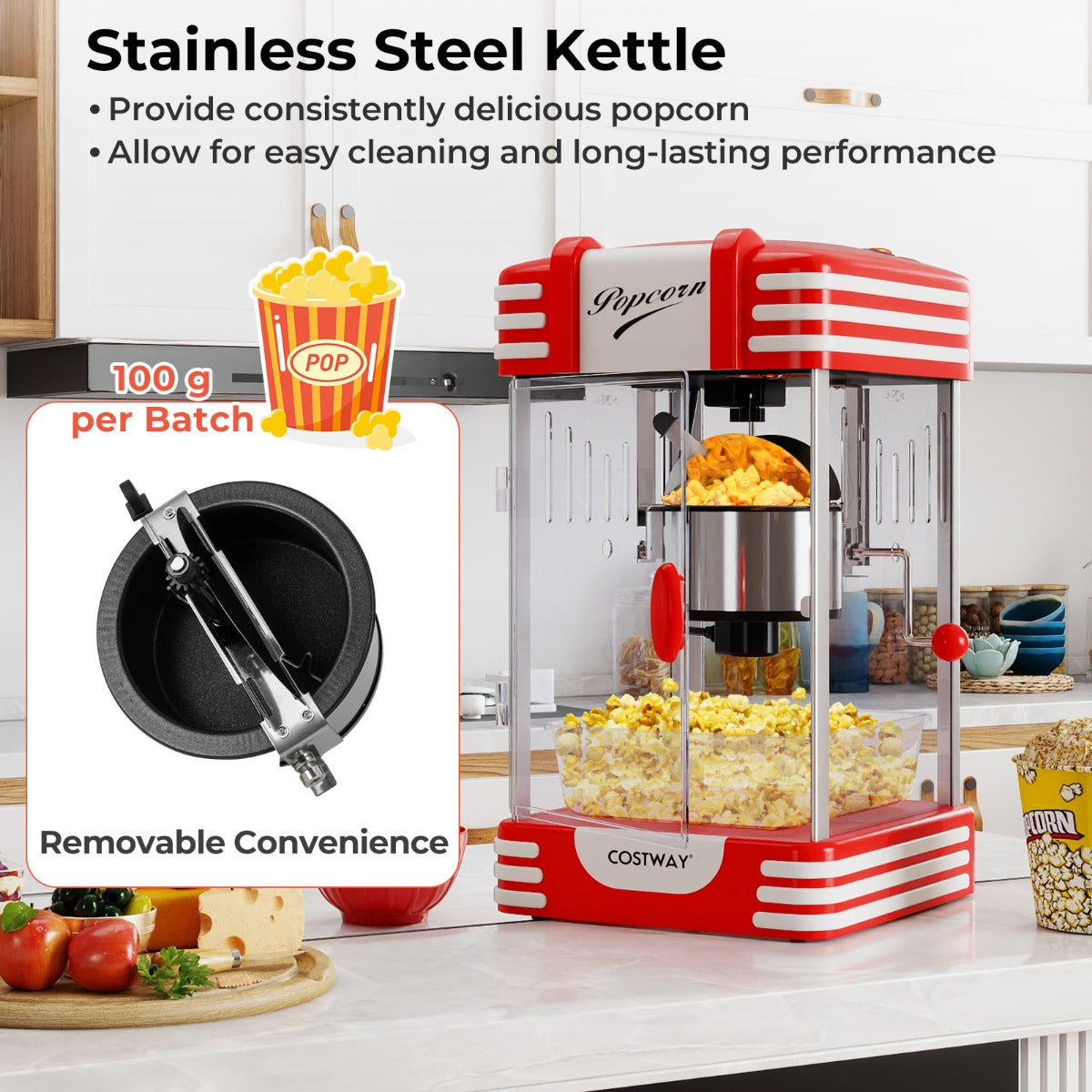 Retro – Popcornmaskin W Popcornmaker i Biostil med Värmeljus och Handvev – 300 – Röd