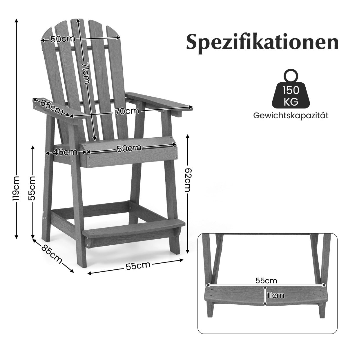 Utomhusbarstol – med armstöd och fotstöd HDPE uteplatsstol Vädertät pubpall – Grå