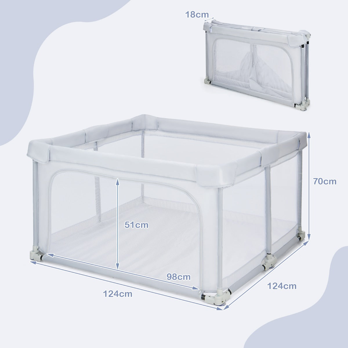 Fyrkantig – Babylekhage Stort lekstaket – 124 x 124 cm – Ljusgrå