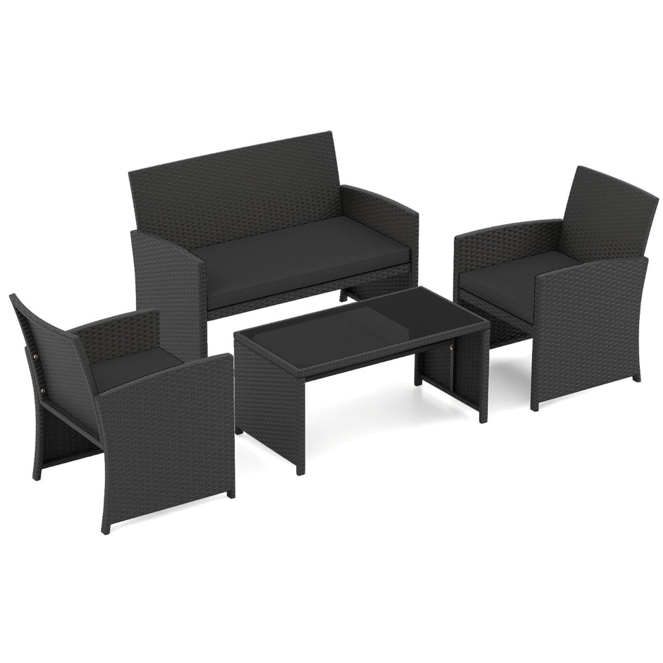 delad – rattan trädgårdsmöbel wicker sits soffa med härdat glas soffbord – 4 2 – Svart