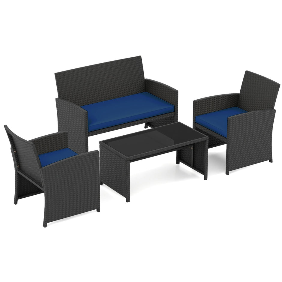 Rattan – trädgårdsmöbel set med stolar och bänk bord kuddar utomhuslounge – 2 – Blå