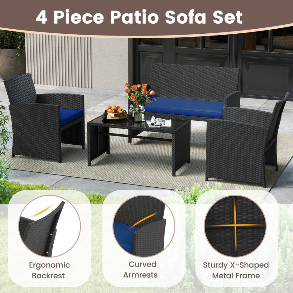 Rattan – trädgårdsmöbel set med stolar och bänk bord kuddar utomhuslounge – 2 – Blå