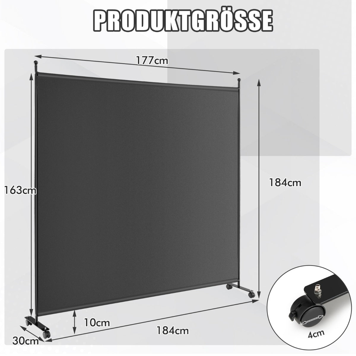 Enkelrumsavdelare – med en panel bred sekretessskärm – 184 x 30 x 184 cm – Grå
