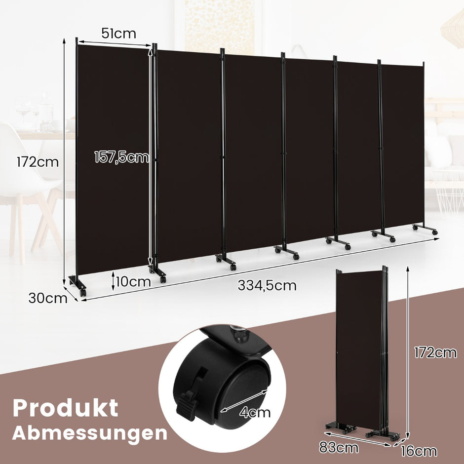 delad – hopfällbar rumsavdelare hög sekretessskärm med låsbara hjul – 6 172 cm – Brun