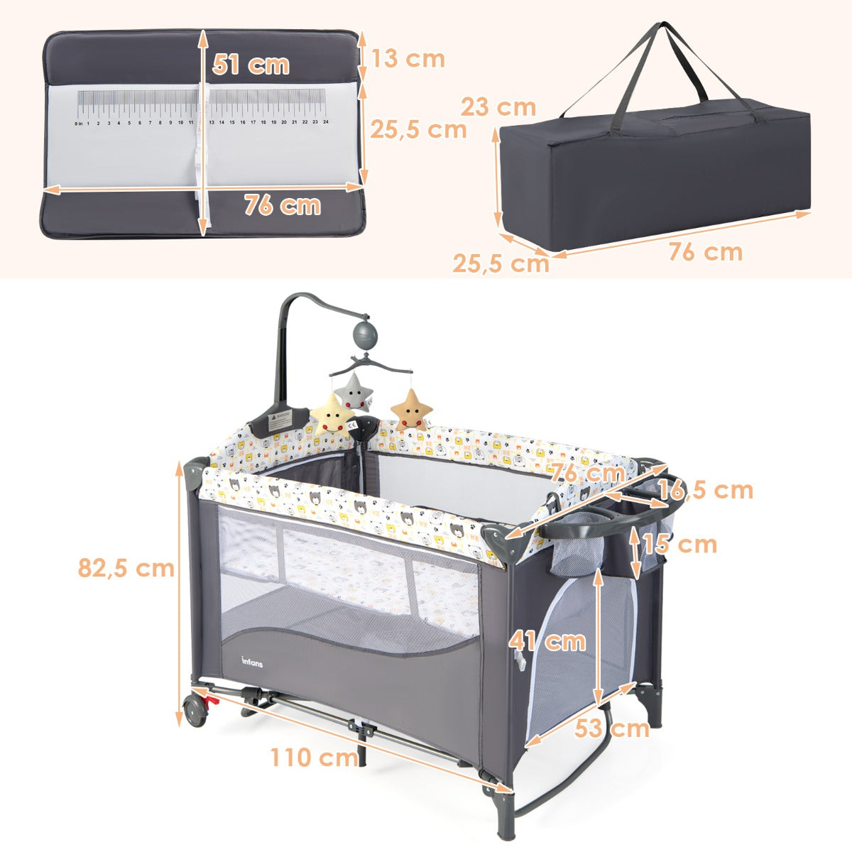i – babysäng med madrass och skötbord säkerhetsbälte speldosa hängande leksaker – 5 1 – Ljusgul