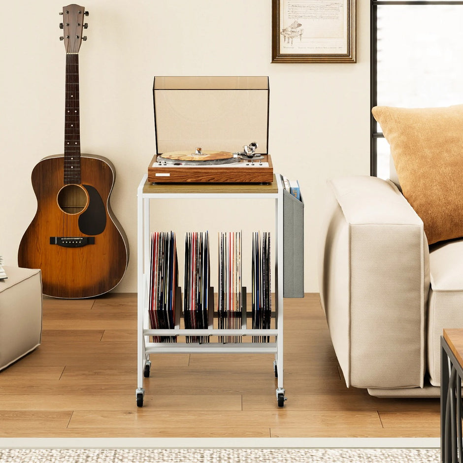 Rullbar – skivspelare ställning Vinylskivbord med vinylförvaring och tidningshållare – Natur