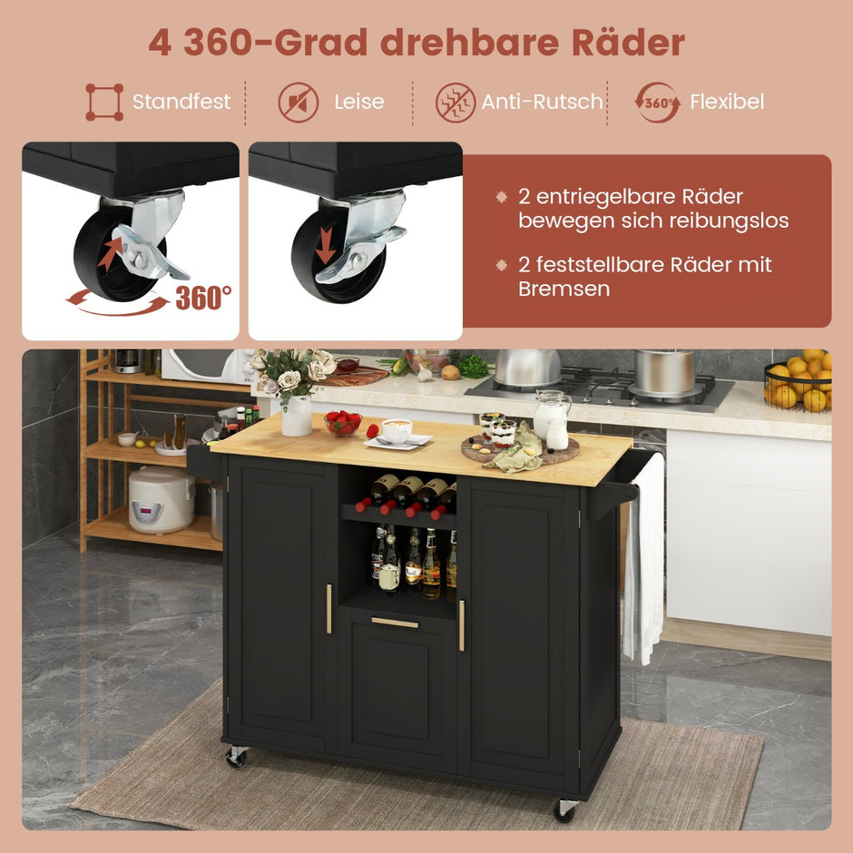 Köksvagn – med hopfällbar bänkskiva och roterande hjul djuplåda Kitchen Island Black – 4 – Svart