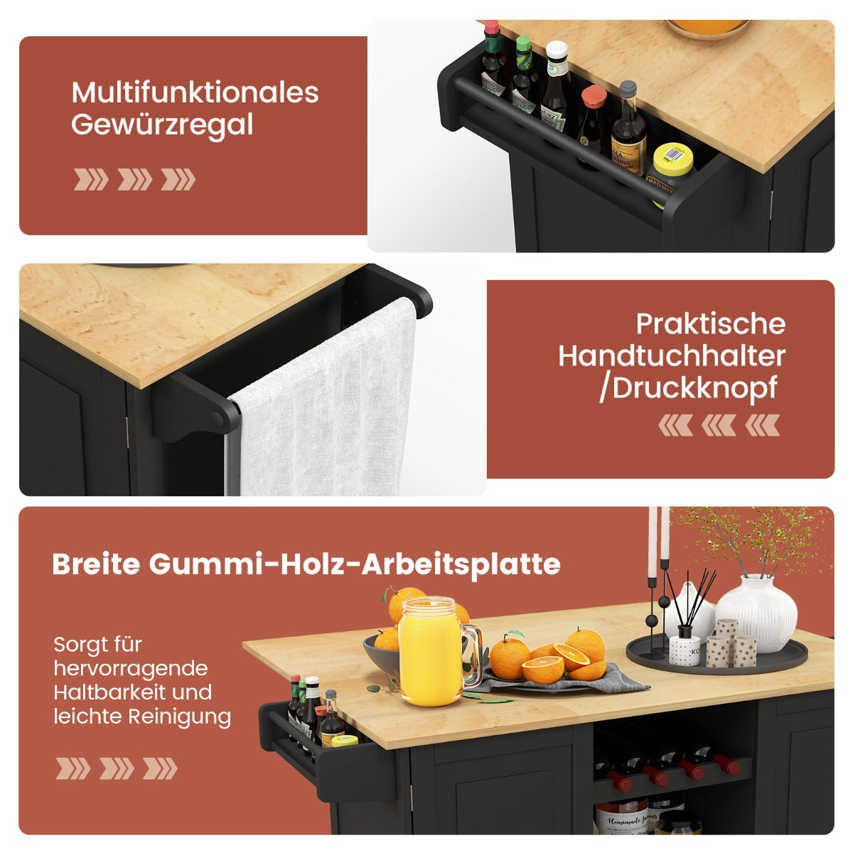 Köksvagn – med hopfällbar bänkskiva och roterande hjul djuplåda Kitchen Island Black – 4 – Svart