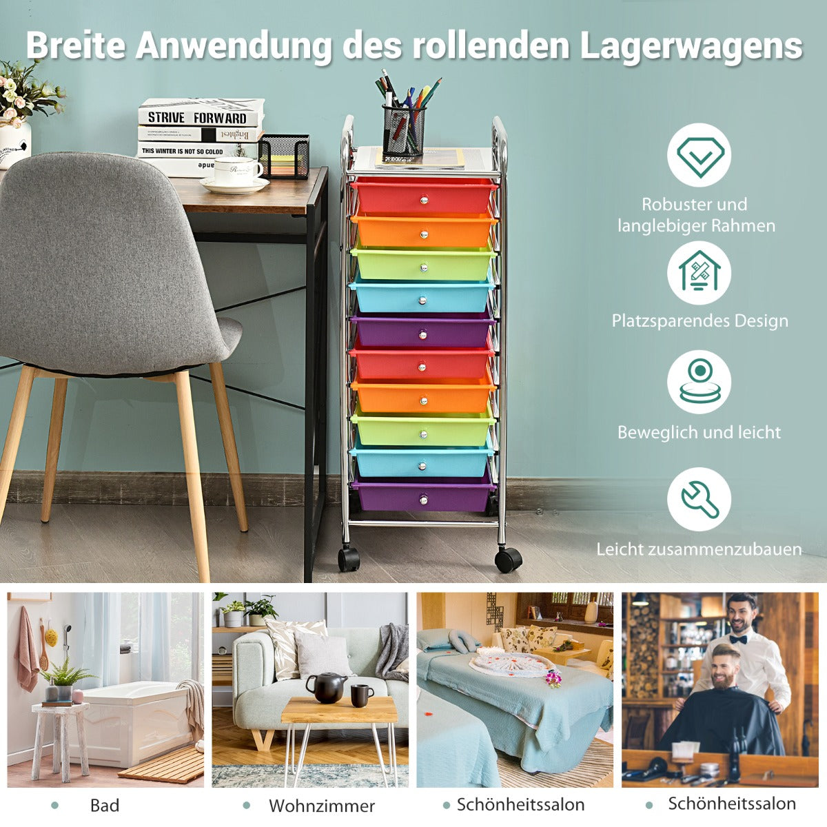 Rullvagn – Badrumsrullcontainer sidovagn med lådor Röd + – 10 33 x 37 x 86 cm – Flerfärgad