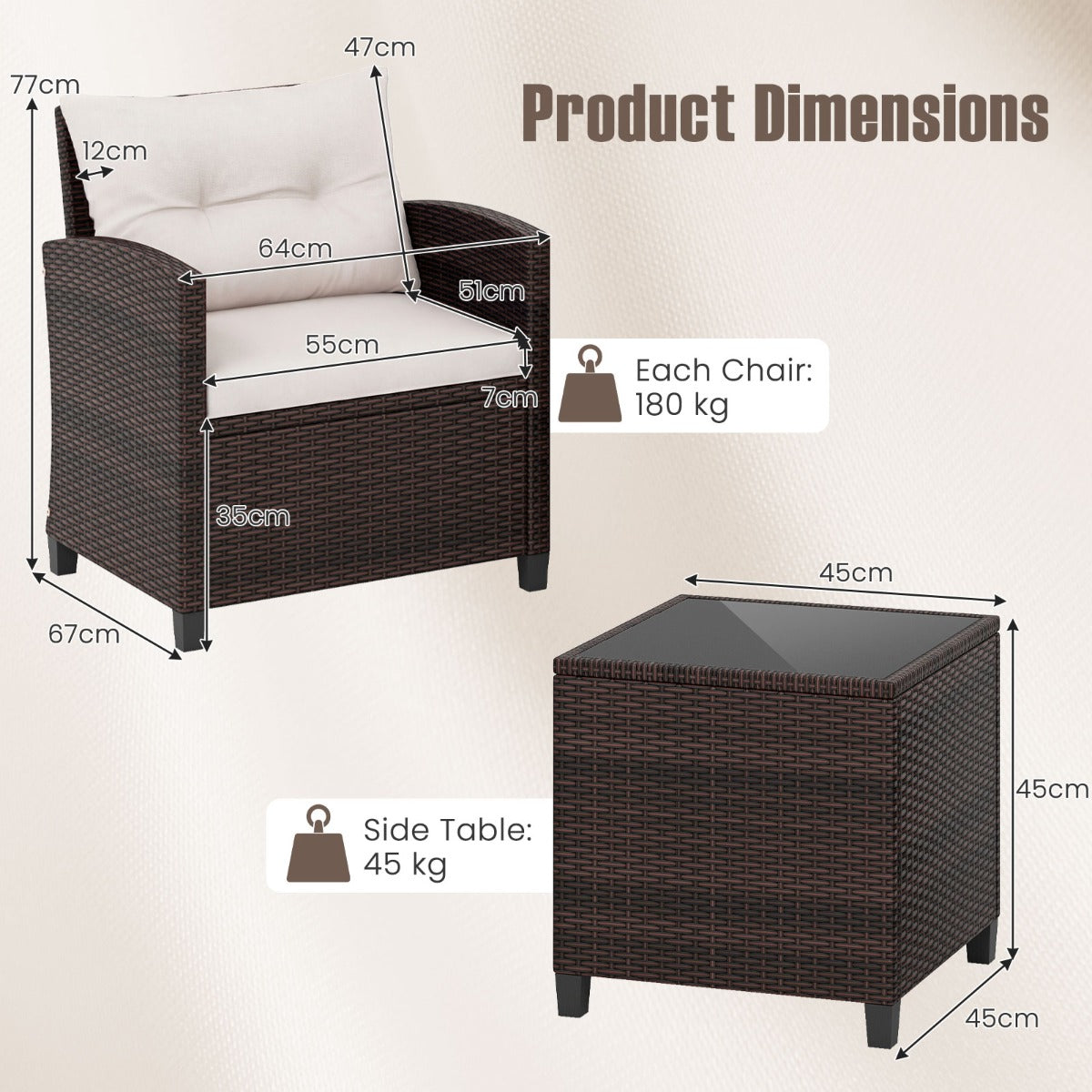 delat – set Polyrattan Lounge Trädgårdsmöbler Rotting Sittgrupp med sittkuddar och Soffbord – 3 – Beige