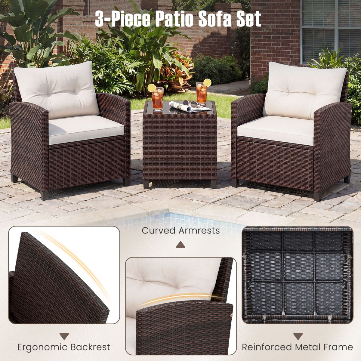 delat – set Polyrattan Lounge Trädgårdsmöbler Rotting Sittgrupp med sittkuddar och Soffbord – 3 – Beige