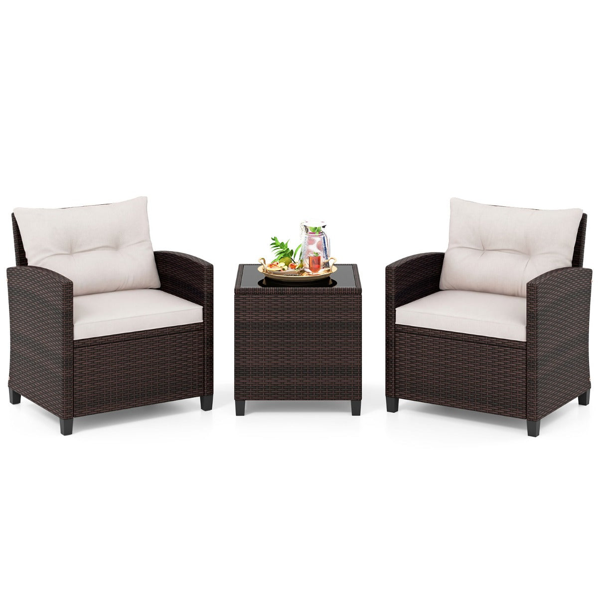 delat – set Polyrattan Lounge Trädgårdsmöbler Rotting Sittgrupp med sittkuddar och Soffbord – 3 – Beige