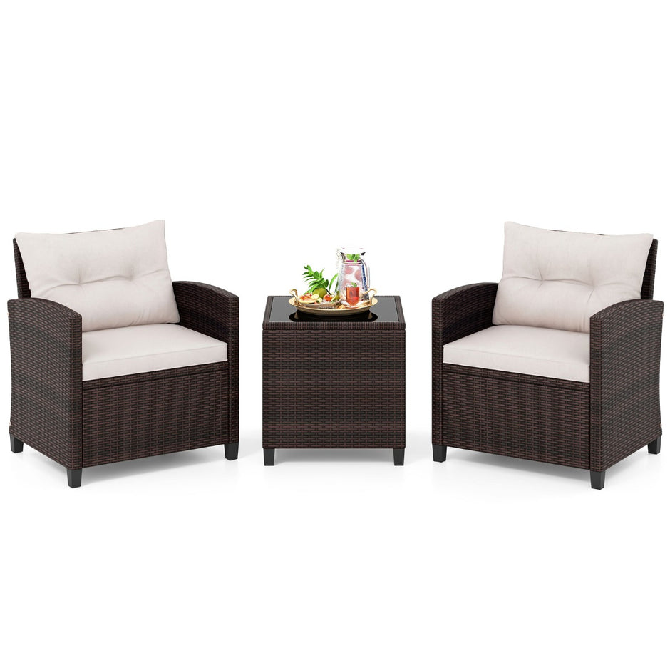 delat – set Polyrattan Lounge Trädgårdsmöbler Rotting Sittgrupp med sittkuddar och Soffbord – 3 – Beige