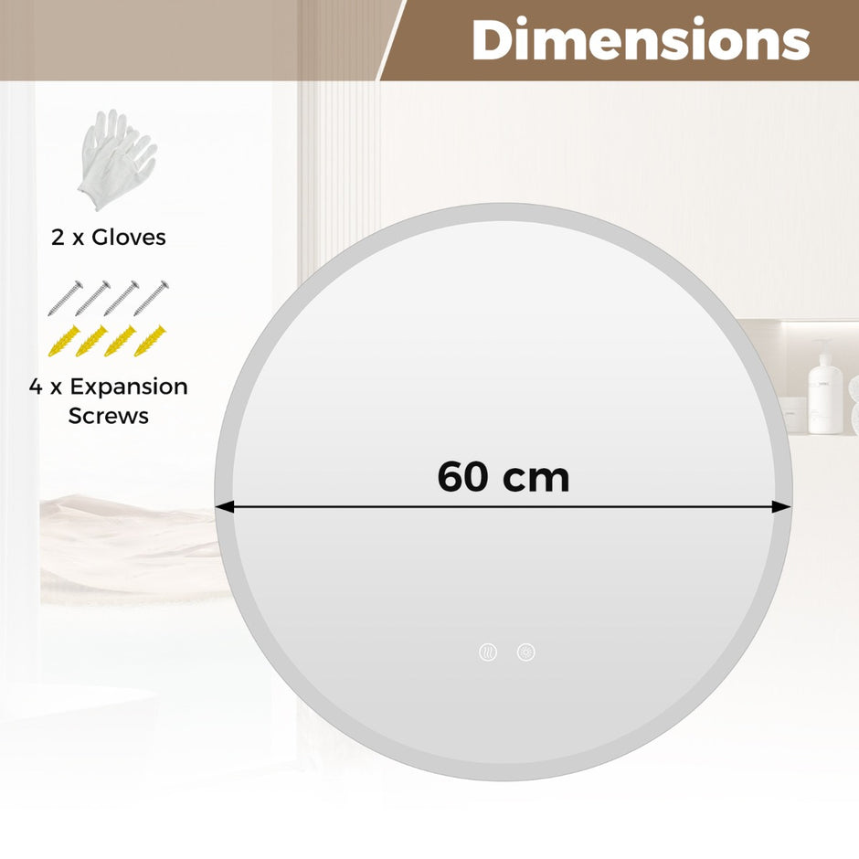 Runt – spegel med ljusfärger och steglös dimning anti immande – 3 Ø 60 cm – Silver