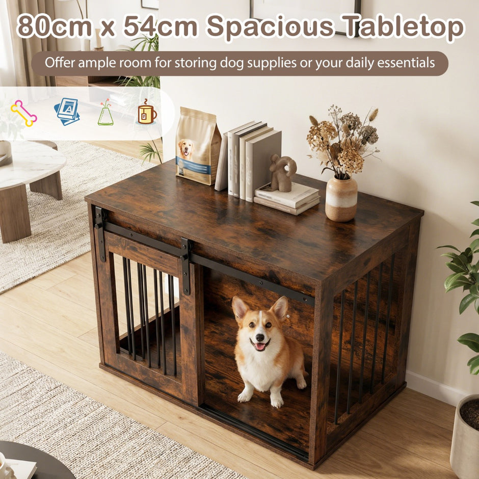 Tung – hundbox med skjeddörr i ladustil hundbur möbel sidobord – 80 cm – Rustik brun