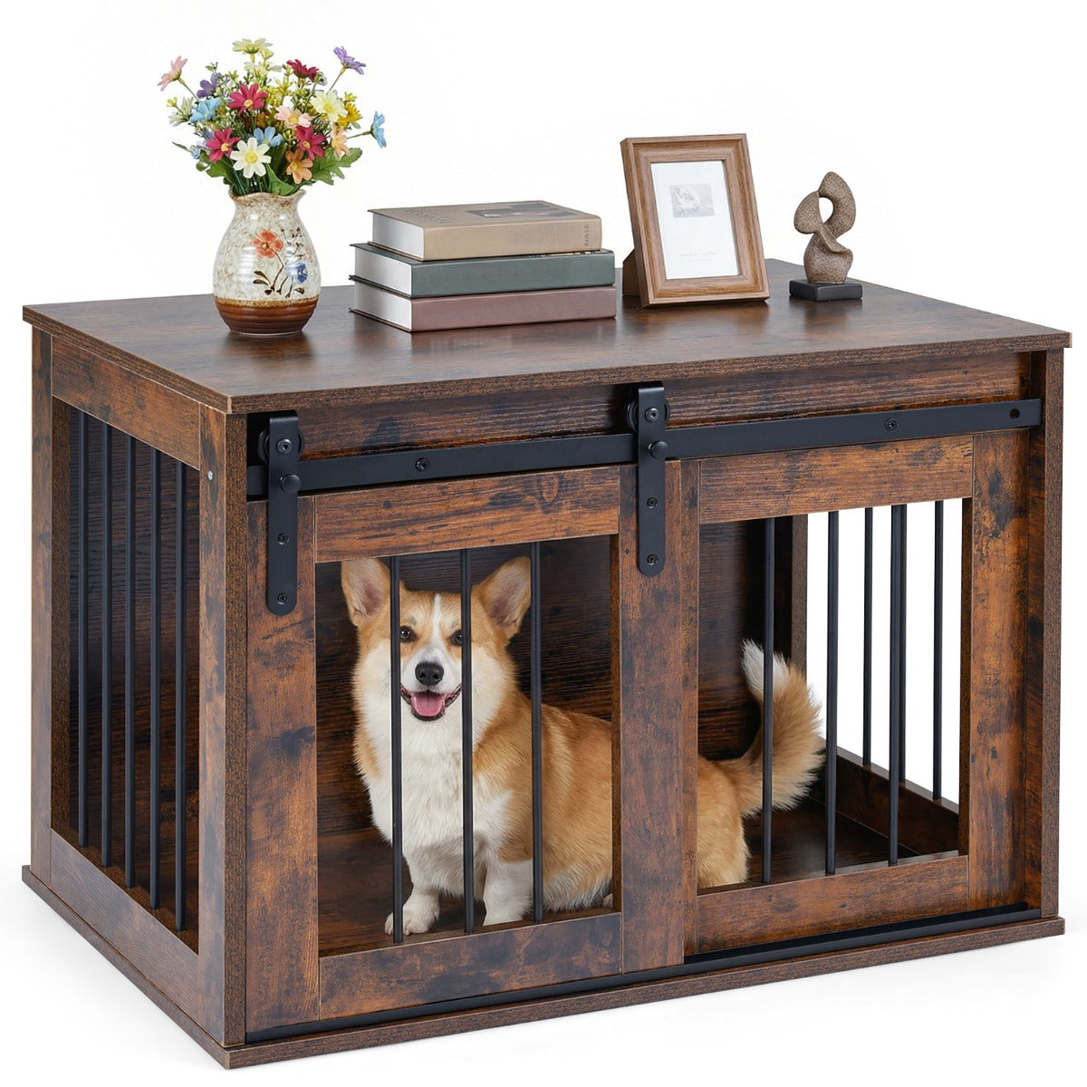 Tung – hundbox med skjeddörr i ladustil hundbur möbel sidobord – 80 cm – Rustik brun