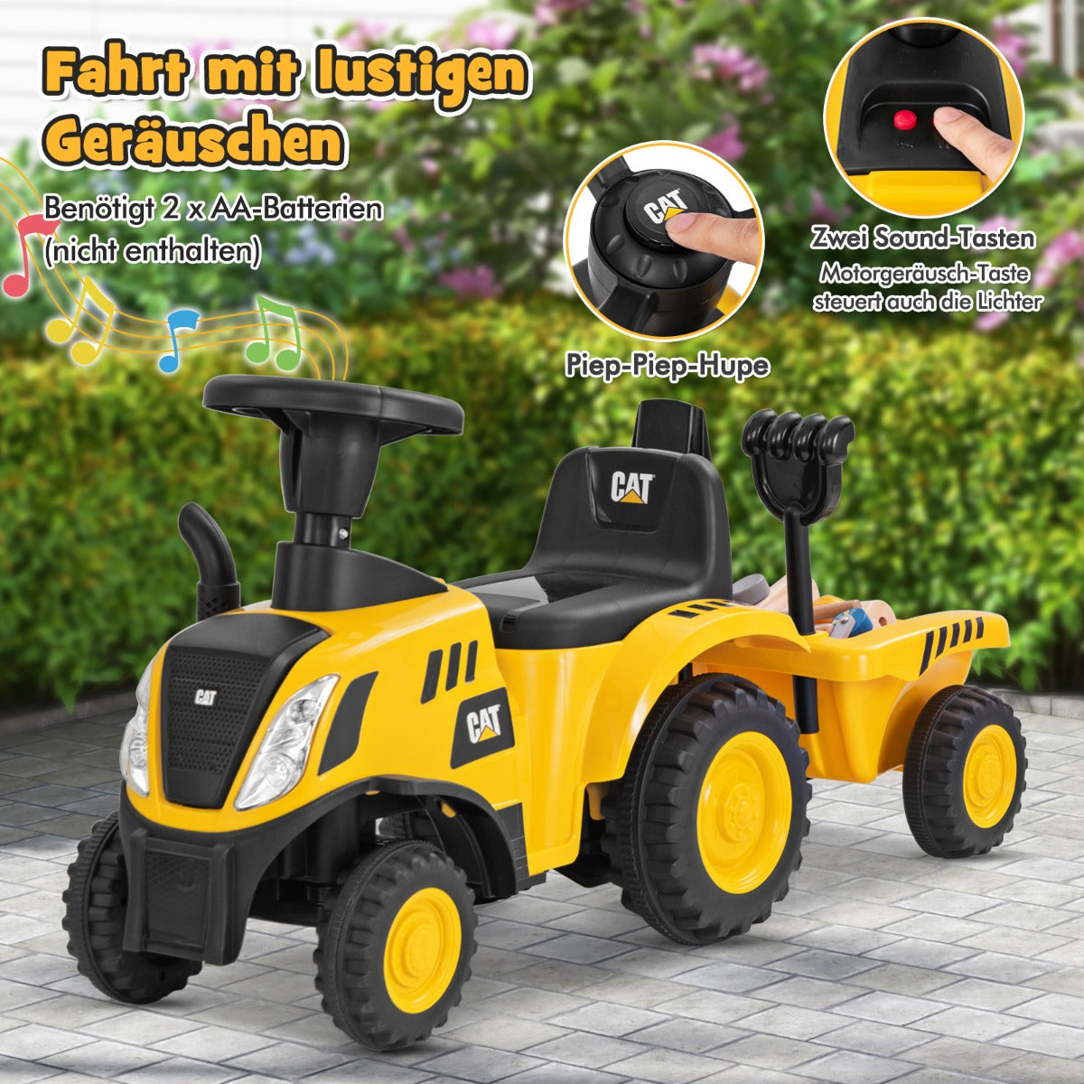 Åktraktor – för barn med avtagbar släpvagn och skovel Walker licensierad Caterpillar fordon – Gul