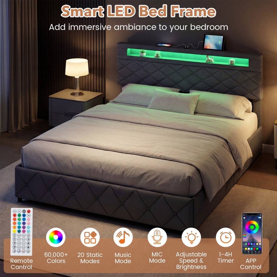 Stoppad – säng med LED belysning, laddstation (2 USB uttag), lådor, grått. – 160 x 200 cm – Grå